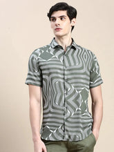 Men Green Graphics Casual Shirt-GEORGE-1609-Olive